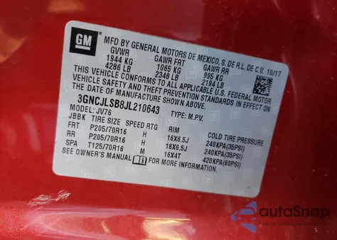 2018 Chevrolet Trax 1Lt из США, поврежденный, VIN 3GNCJLSB8JL210643